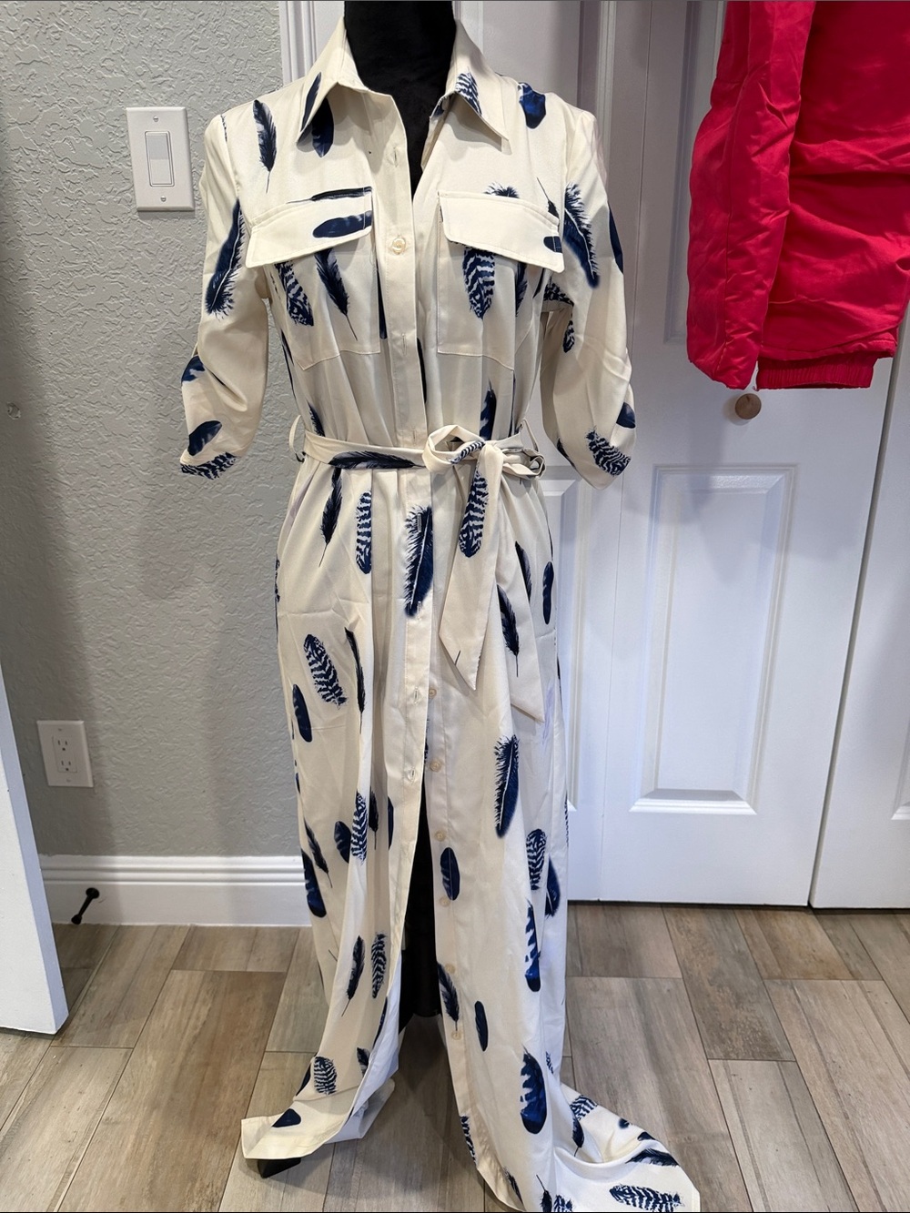 Cream Maxi Shirt Dress with Navy Feather Print